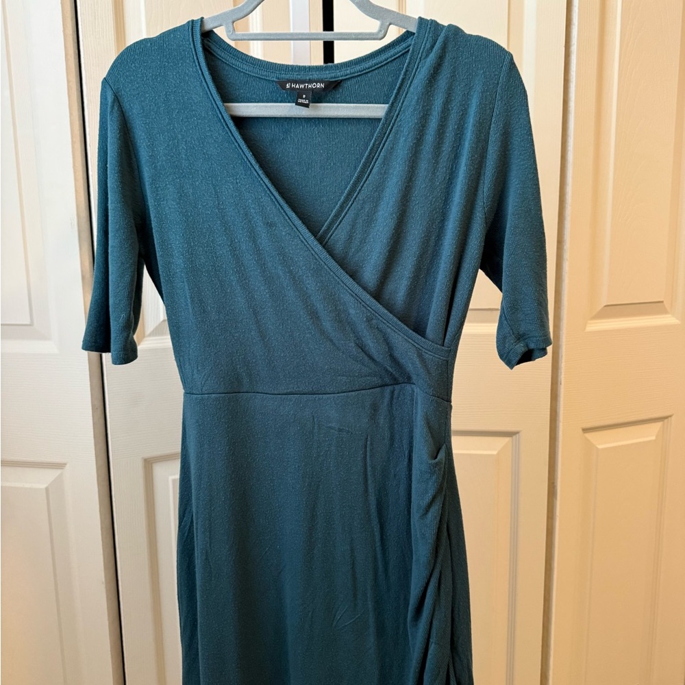 Beautiful teal sweater faux wrap dress